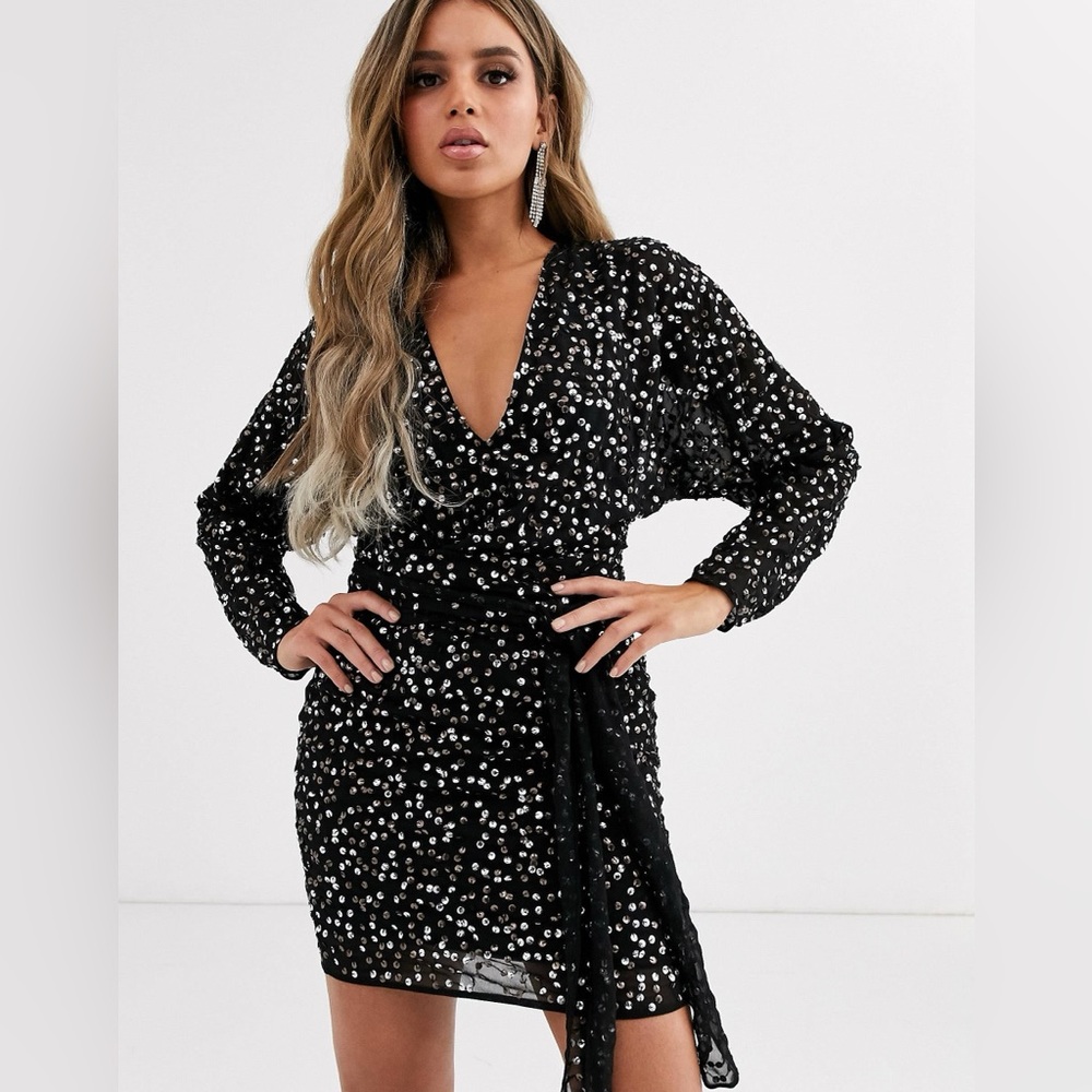 Black Sequin Wrap Mini Dress - Women's Party Dress